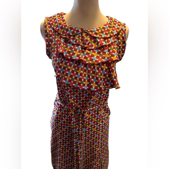 Uncle Frank Ruffled Bodice Multicolor Dot Midi Dress Belted Zip Up Back Sz Small - Picture 2 of 8